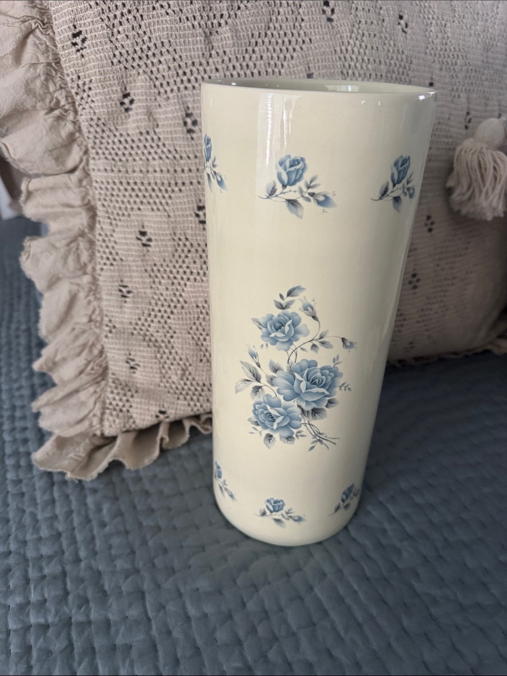 Athena Cream Ceramic Vase with Blue Rose Motifs